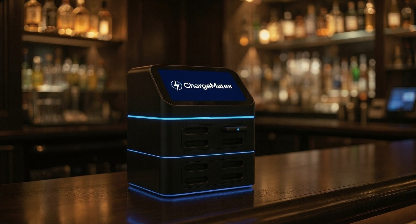 ChargeMate Station auf einer Bar-Theke mit blauem Leuchtring